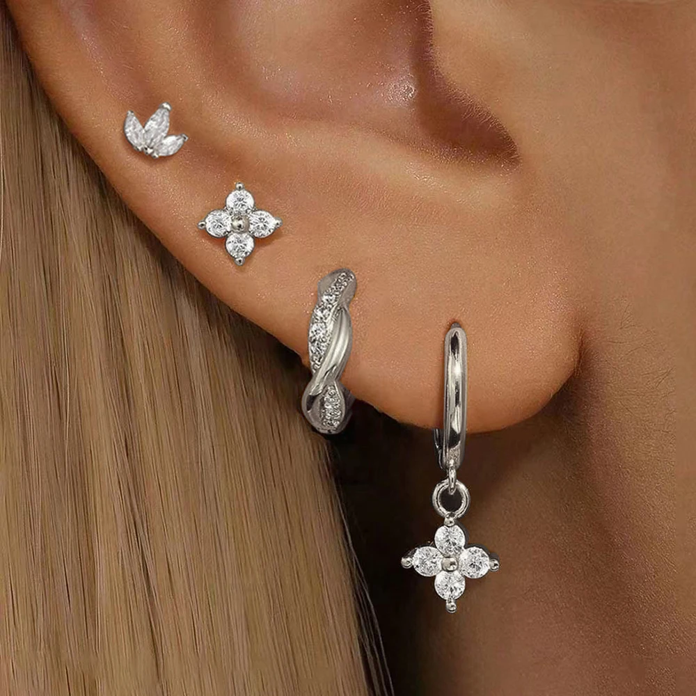 4PCS New Gold Plated Little Crystal Bend Hoop Earrings Set for Women Helix Tragus Cartilage Flower Ear Stud Piercing Jewelry