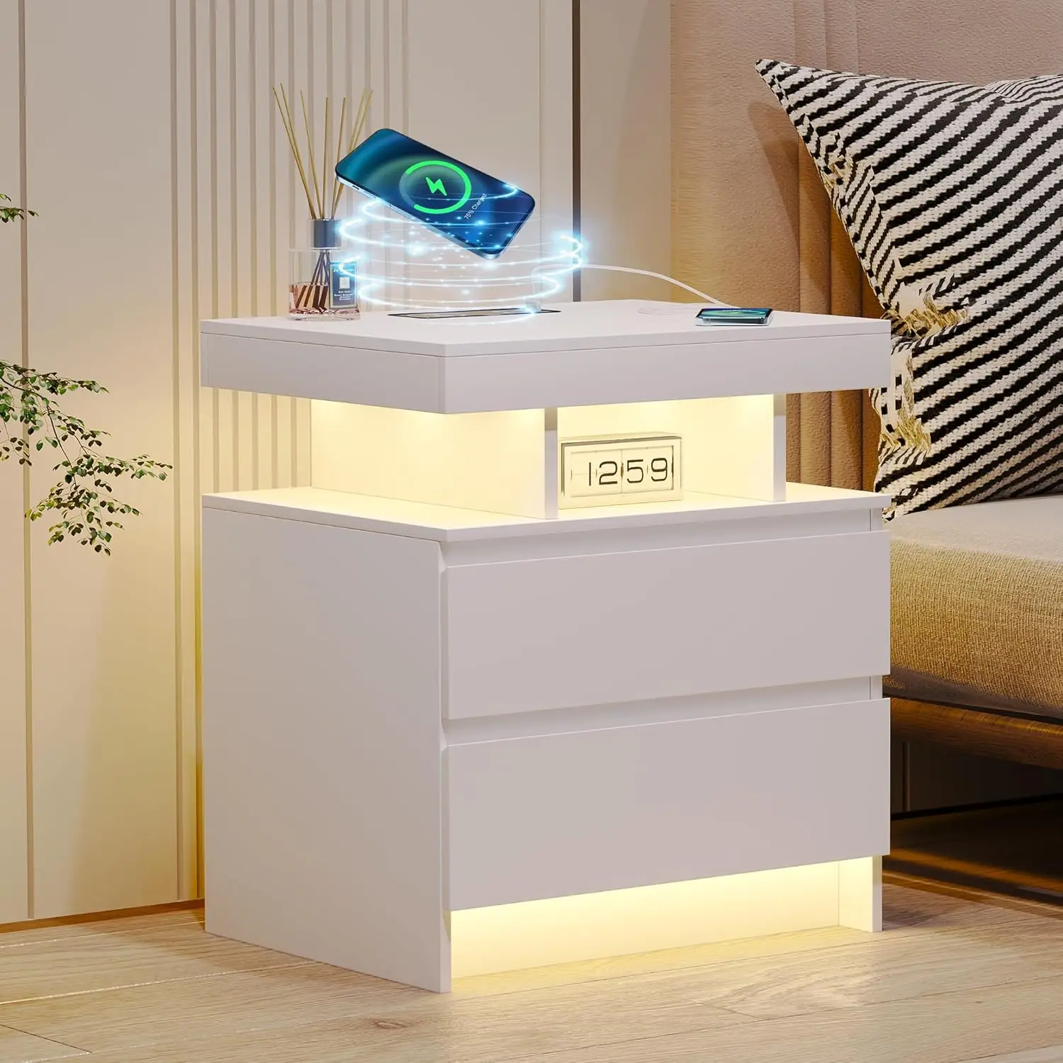 Charging Station, Auto LED Lighting Bedside Tables with 2 Large Drawers, Night Stand with 3-Color Lights & Adjustable Brightness