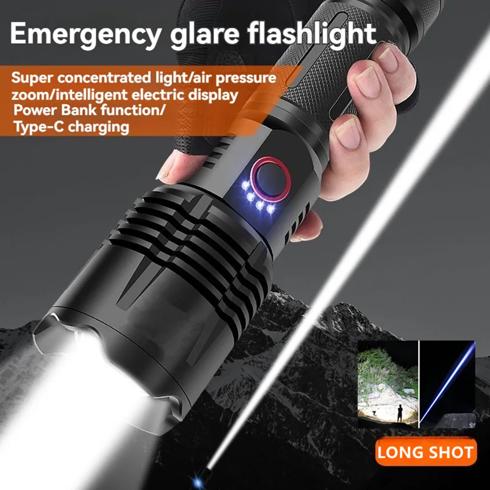 

High Power Spotlight Long Range LED Flashlight Type-c Charging Power Display Zoomable Torch For Hiking Camping Emergency