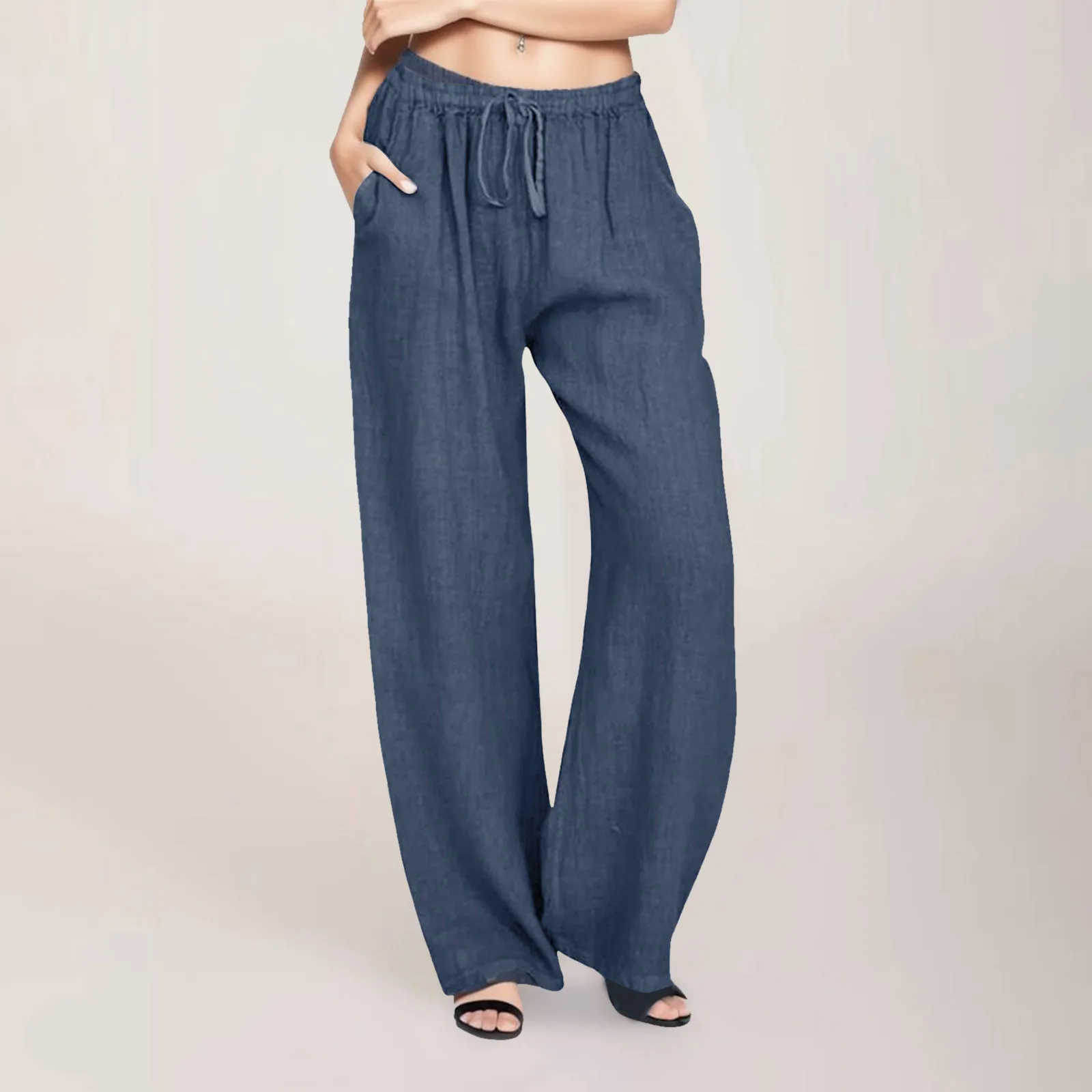 

Mid Elastic Waist Drawstring Casual Wide Leg Pants Women Solid Color Pleated Lightweight Sweatpants Loose Fit Pocket Trousers