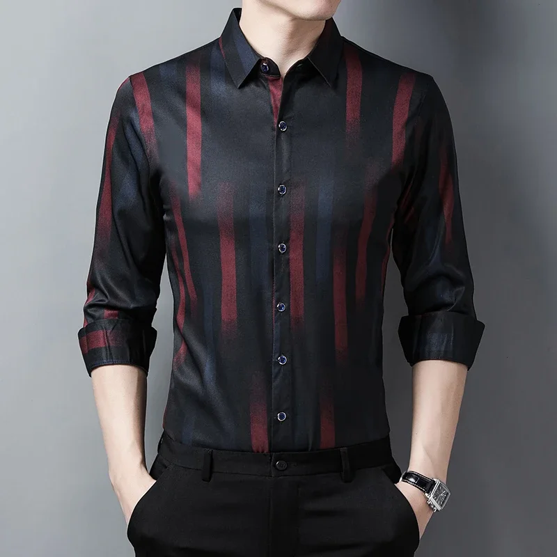 New Men\'s Casual Printed Long Sleeved Lapel Shirt for Spring and Autumn Fashion Comfortable Wrinkle Free Top Without Ironing