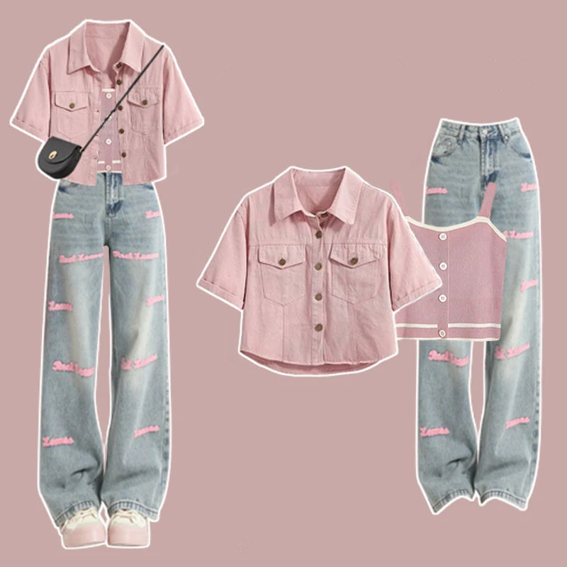 Women Summer Safari Style Short Jacket Korean Lady Fashion Pink Shirt Coat Vest Denim Pants Sets Embroidery Letter Jeans Outfits