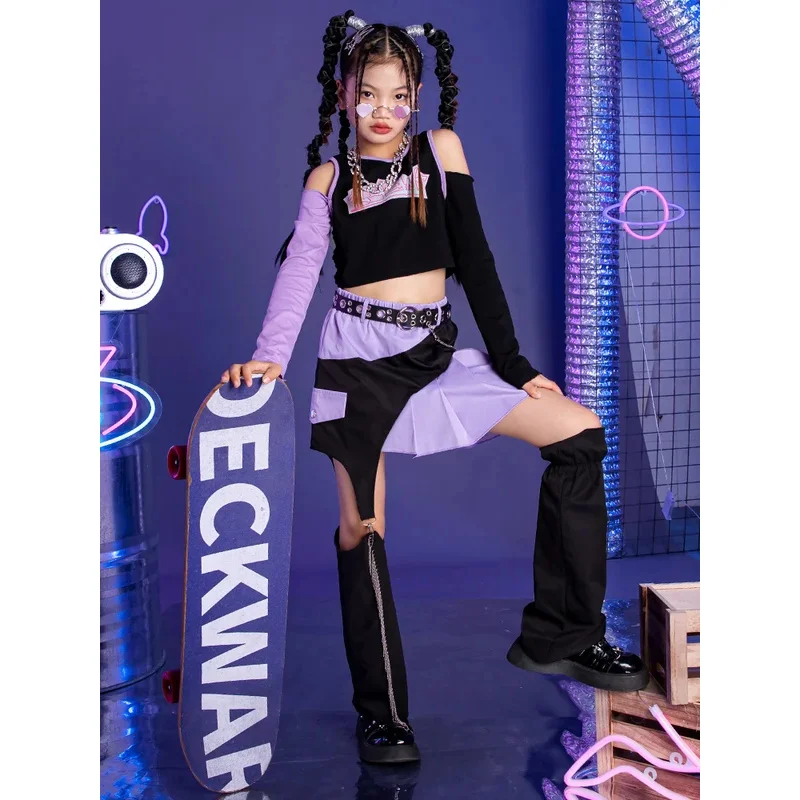 Girls jazz dance long sleeve top skirt children's cool costume set children's hip hop street dance clothing autumn and winter