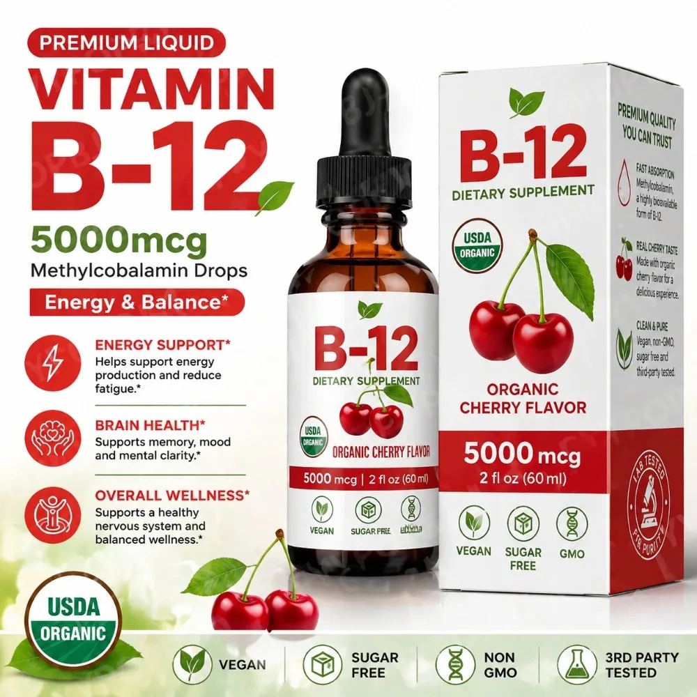Vitamin B12 Drops 5000mcg Methylcobalamin Liquid Sublingual Supplement Cherry Flavor Vegan Sugar Free Daily Nutrition 60ml