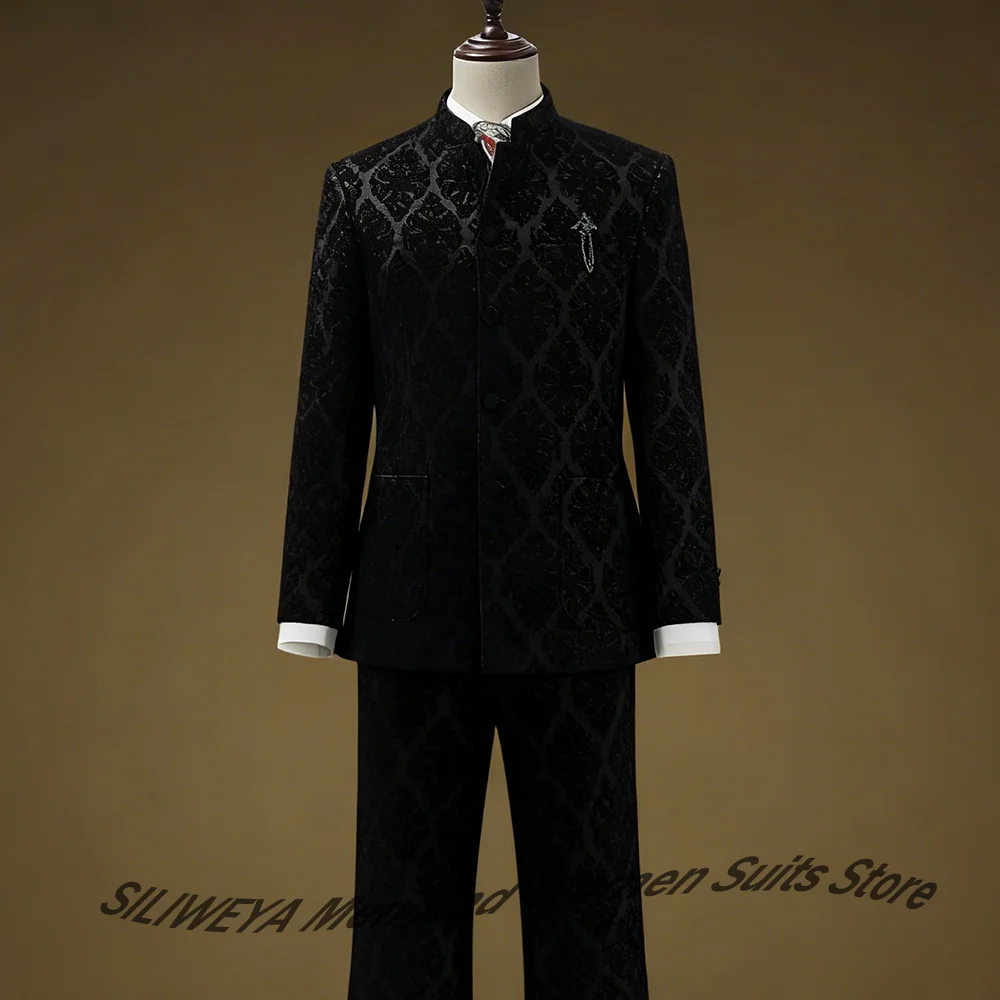 

Luxury Men's Black Mandarin Collar Suits with Intricate Jacquard Pattern Single Breasted Formal Attire Tailored Blazer+Pants Set