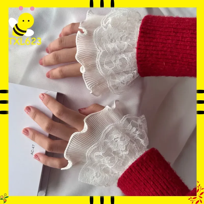 

Lace Embroidery False Cuffs Detachable Wrist Cuffs Elegant Horn Design for Shirt Sweater Simple Wristband Fashion Accessory