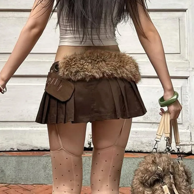 

American retro splicing design sense strap skirt Spice girl street personality pleated women's short skirt