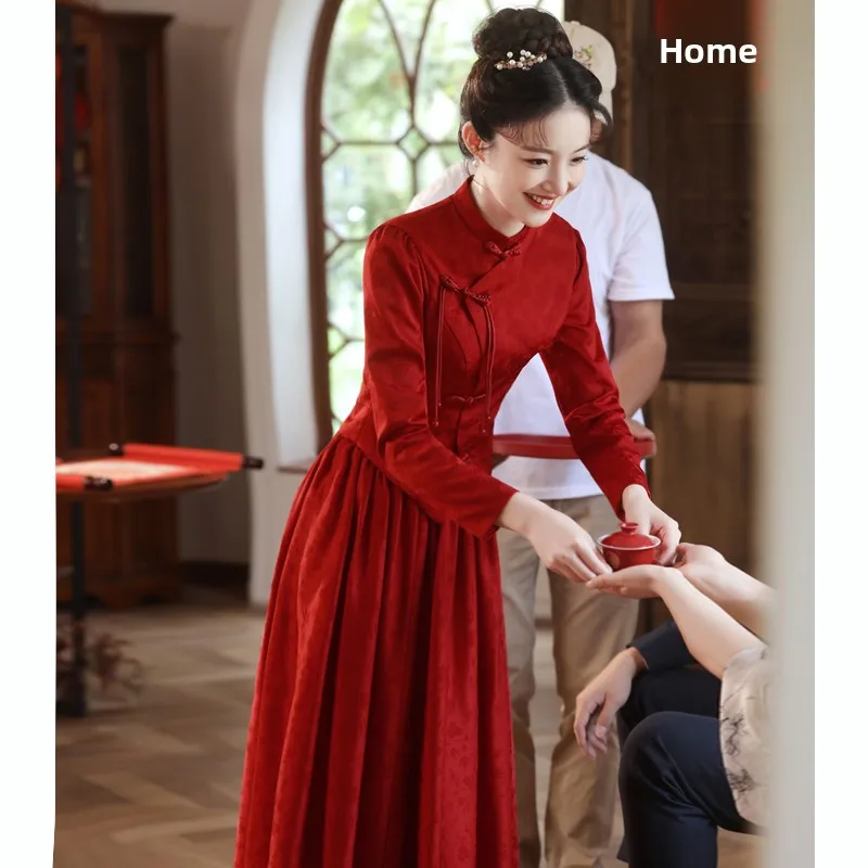 

Red Long Sve Engagement Par Wedding Dr 2025 New Sle Autumn Winter Bride Casual Chinese Wedding Dr Women