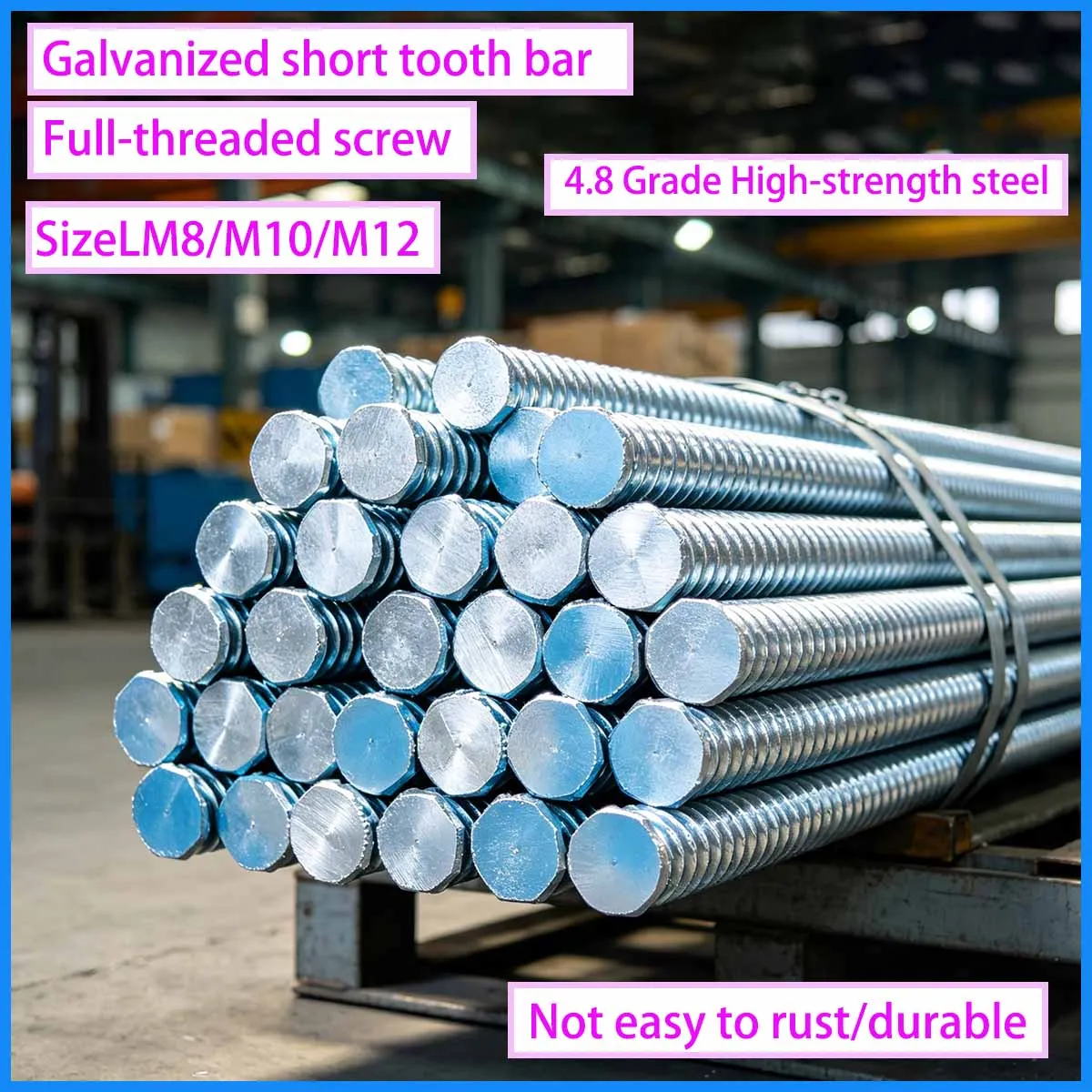 10Pcs Zinc Plated Full Threaded Rod Fully Metric Thread Rods Bar Screw Galvanized Bolts Stud Tooth Stick L 16-190mm,M8 M10 M12