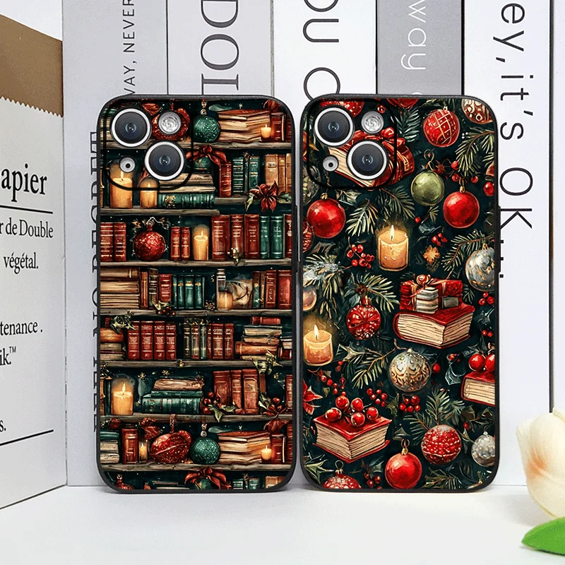 เคสโทรศัพท์ลายหนังสือตกแต่งคริสต์มาสสำหรับ iPhone 16 12 11 14 13 15 Pro Max Mini X XS XR SE2 7 8 Plus แบบนิ่ม