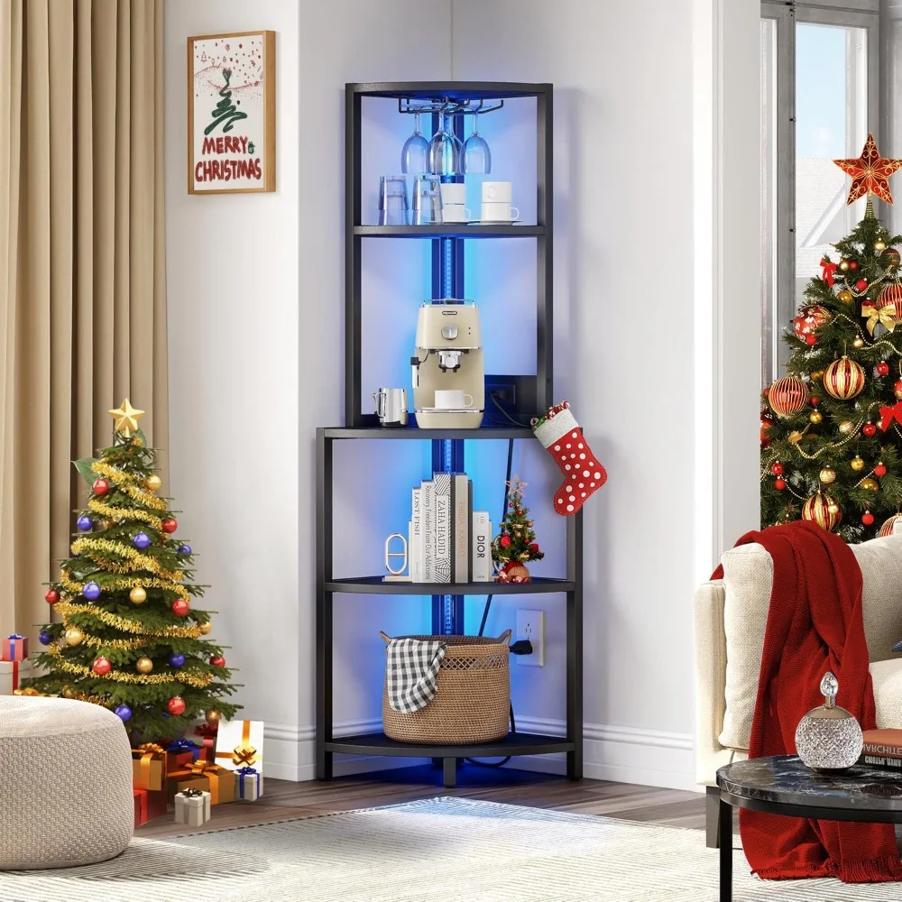 

5-Tier Corner Shelf with Power Outlets & LED Lights, Bar Rack & Bookshelf for Living Room, Includes Glass Holder