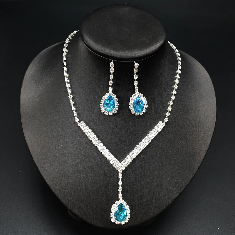 Fashion Romantic Blue Crystal Jewelry Set Wedding Banquet Birthday Accessories Women Elegant Luxury Jewelry Necklace Earring Set