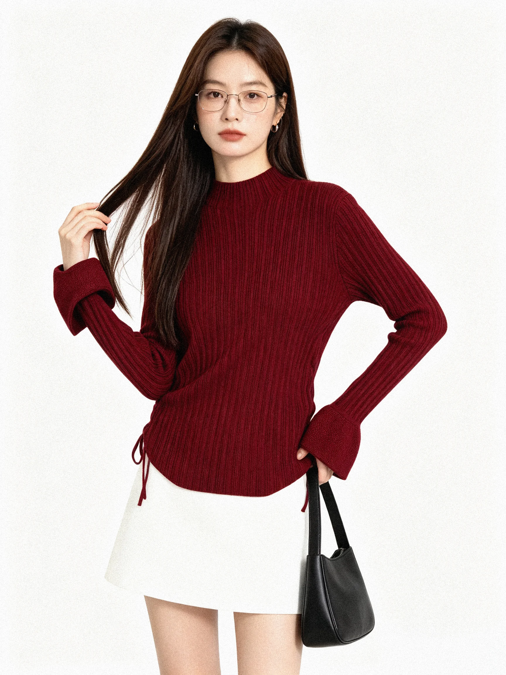 Korean Style Slim Fit Knitted T-Shirt Drawstring Gathered Base Shirt Autumn Winter Fashion Anti-Aging Sweet Style round Neck ...