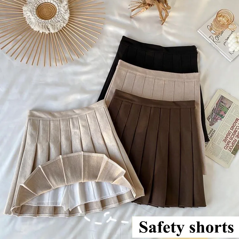 Lucyever Vintage Brown Woolen Mini Skirt Women Korean High Waist Pleated Skirts School Girl Uniform Y2K All-Match Jk Short Skirt