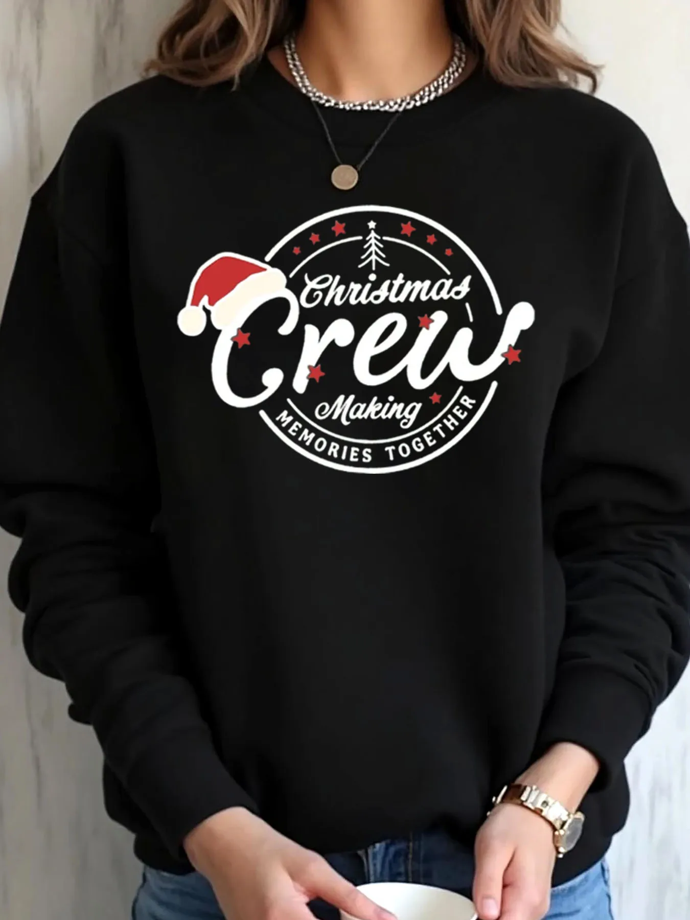 Sweater Wanita Ukuran Besar Motif Natal Crew Making Memories Together Desain Cetak Pakaian Luar Ruangan