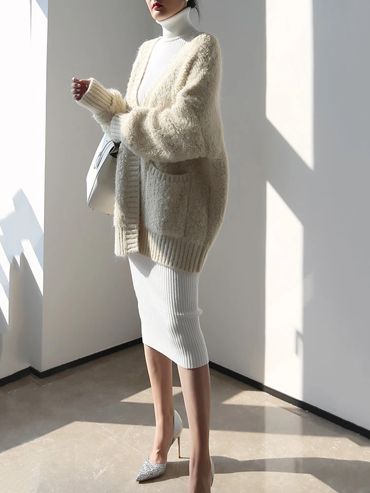 Autumn Winter Sweater Dress Women Turtleneck Long Sleeve White Black Knitted Sheath Long Dress With Belt Elegant Vestidos