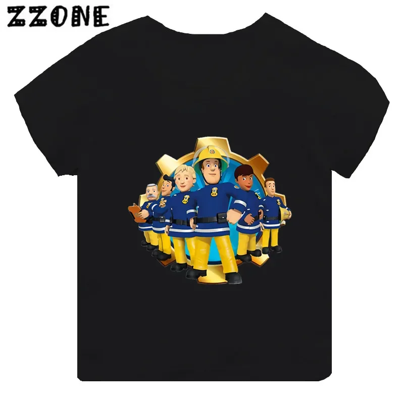 Hot Sale Fireman Sam Print Cartoon Kids T-shirt Funny Girls Clothes Baby Boys Black Short Sleeve T shirt Children Tops,TH2450