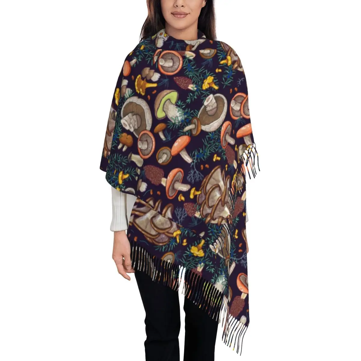 Women's Scarf with Tassel Dark Dream Forest Mushroom Large Winter Warm Shawl Wrap Gifts Cashmere Scarf