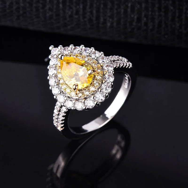 

Luxury Diamond Engagement Ring Yellow Crystal Embedded Ele Waterdrop Pear ape Women's Faion Jewelry Fre Ouurst