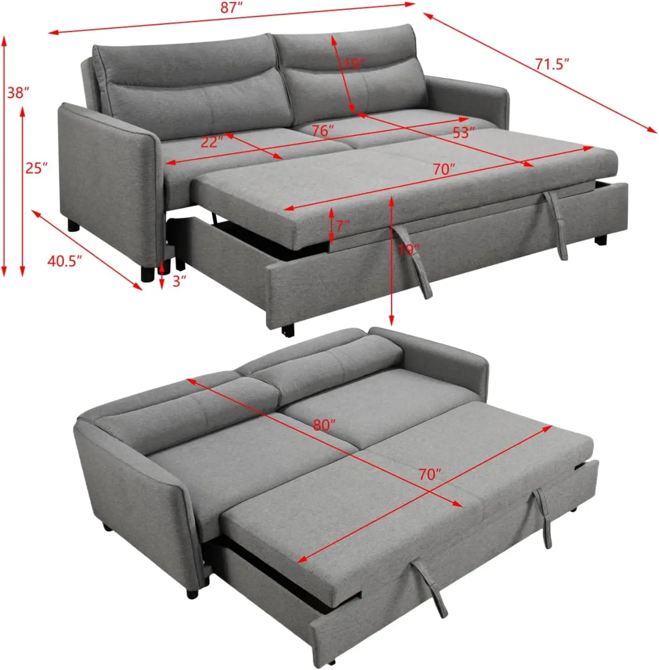 87 Inch King Size Convertible Sleeper Sofa Bed Comfortable Pull Out Futon Loveseat for RV Small Spaces Hide A Bed Fold Out Couch