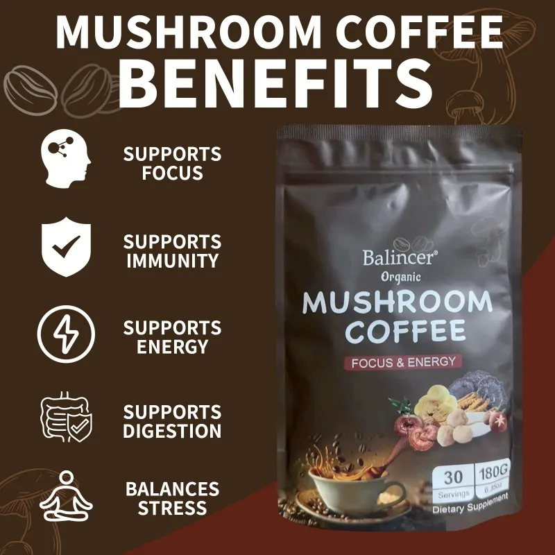 Balincer - 6 in 1 Organic Mushroom Coffee 180g, Supports Focus, Energy, Immunity, Concentration