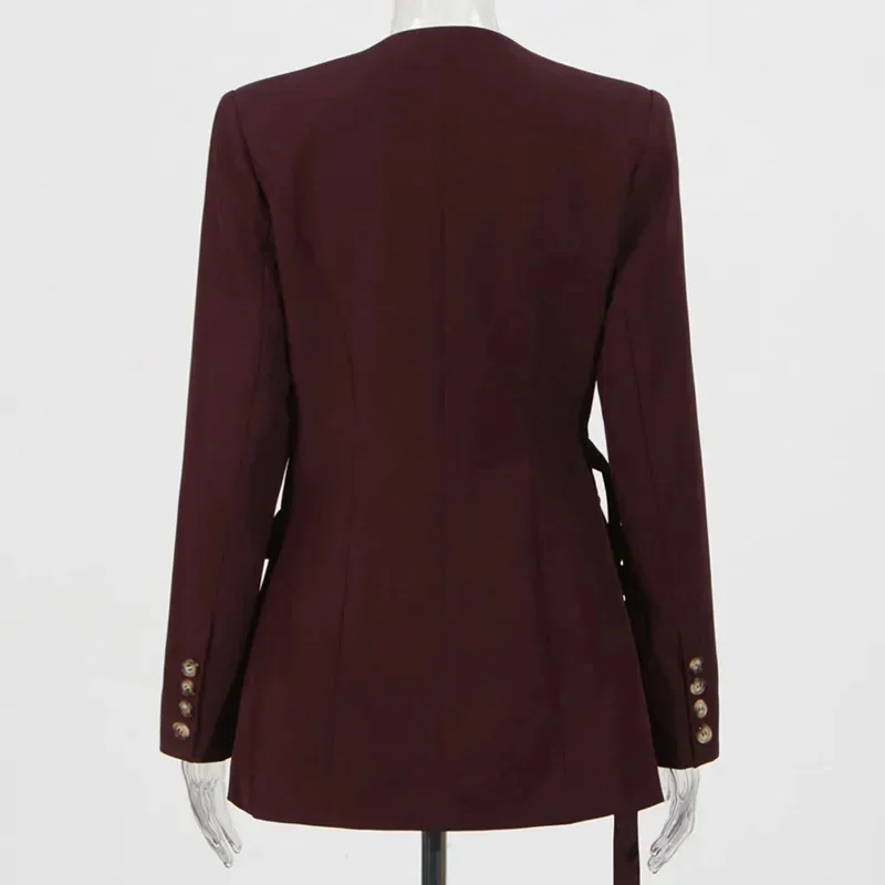 Solid Asymmetrical Blazers Women V Neck Long Sleeve Patchwork Lace Up Retractable Waist Slim Jackets Female 2024 Autumn New Coat