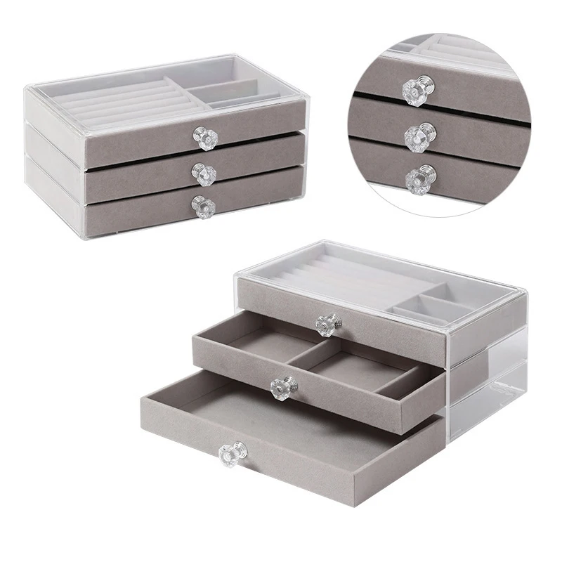 

High-capacity Transparent Three-layer Flannel Jewelry Box Drawer Jewelry Box Earring Necklace Ring Dustproof Display Storage Box