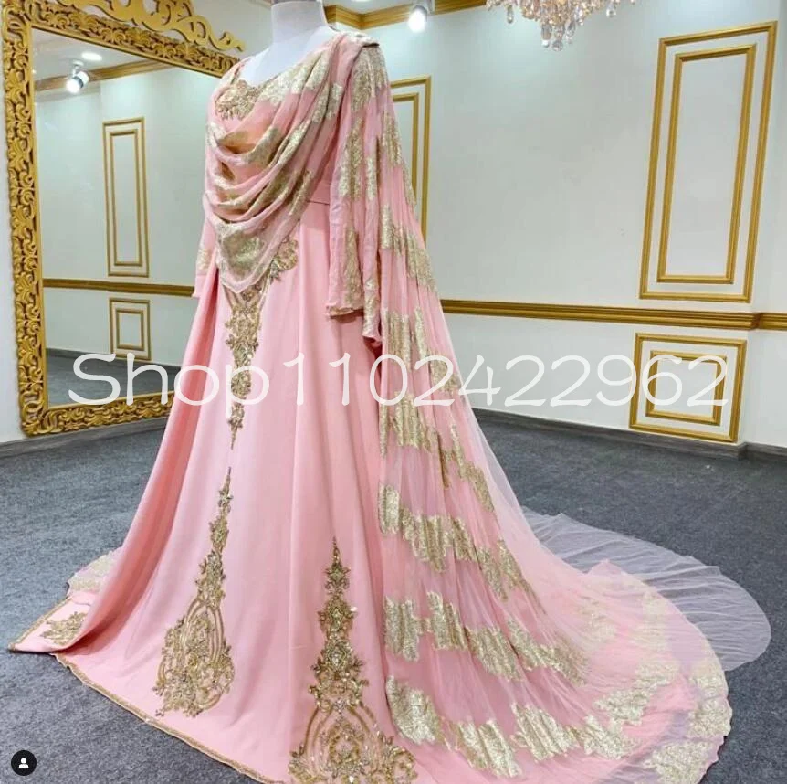 Rose Pink Blousaoranaise Caftan Prom Dresses with Veil Sleeve Gold Lace Applique Mariagealgerien Evening Garment Gown custom