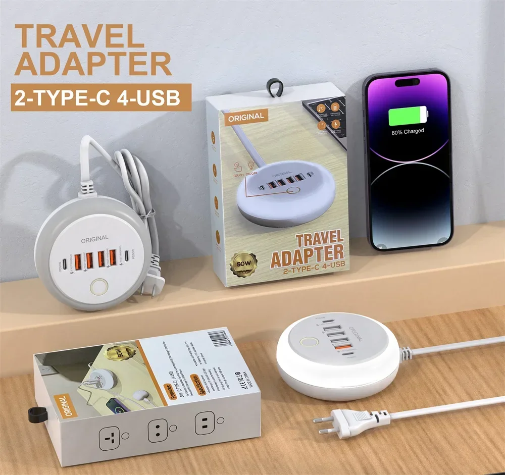 50 واط متعدد المنافذ USB PD شاحن نوع C شحن سريع الجدار شاحن آيفون Xiaomi 6 منفذ USB شاحن الهاتف السريع مع اللمس LED