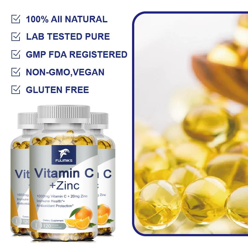 Organic Vitamin C + Zinc Capsules Supplement for Antioxidant Pigmentation Anti-wrinkle Whitening Skin Support Immune