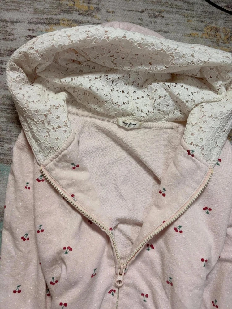 Autumn Sweet Kawaii Cherry Polka Dot Print Zip Up Hoodie Women Lace Trim Hood Slim Fit Casual Daily Streetwear Sweatshirt New