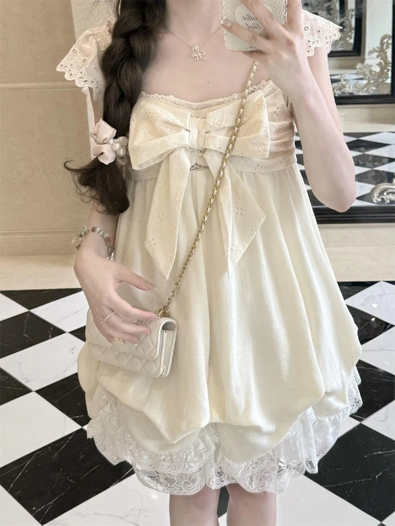 

Japanese Sweet Bow Mini Dress Shorts Set Women Kawaii Lace Short Sleeve Evening Party Dresses Lolita Gothic Y2k Oufits Chic