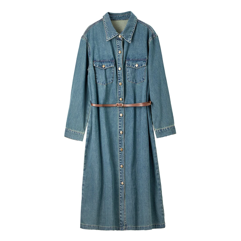 SENTUBILA femmes Vintage Denim chemise robe 2025 printemps automne simple boutonnage longue a-ligne Jean robes dames vêtements W43L57317