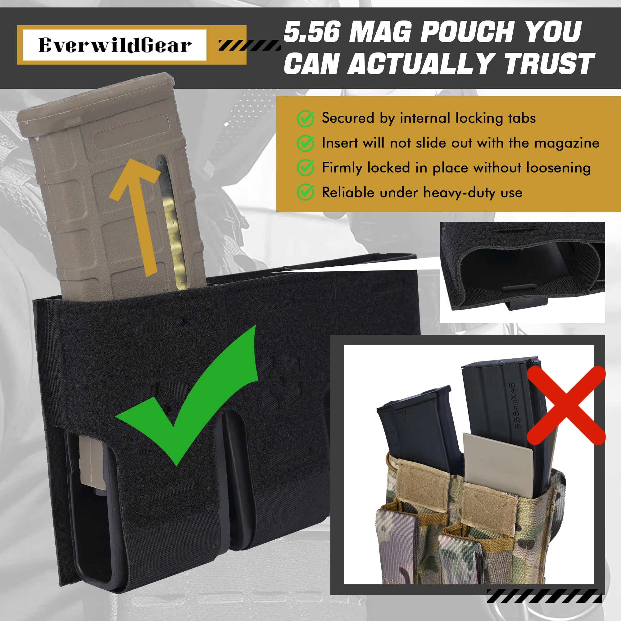 Universal 5.56 Triple Magazine Pouch, Internal Locking Slots MOLLE Mag Pouch for Airsoft Hunting M4 M16 AR15 Platforms