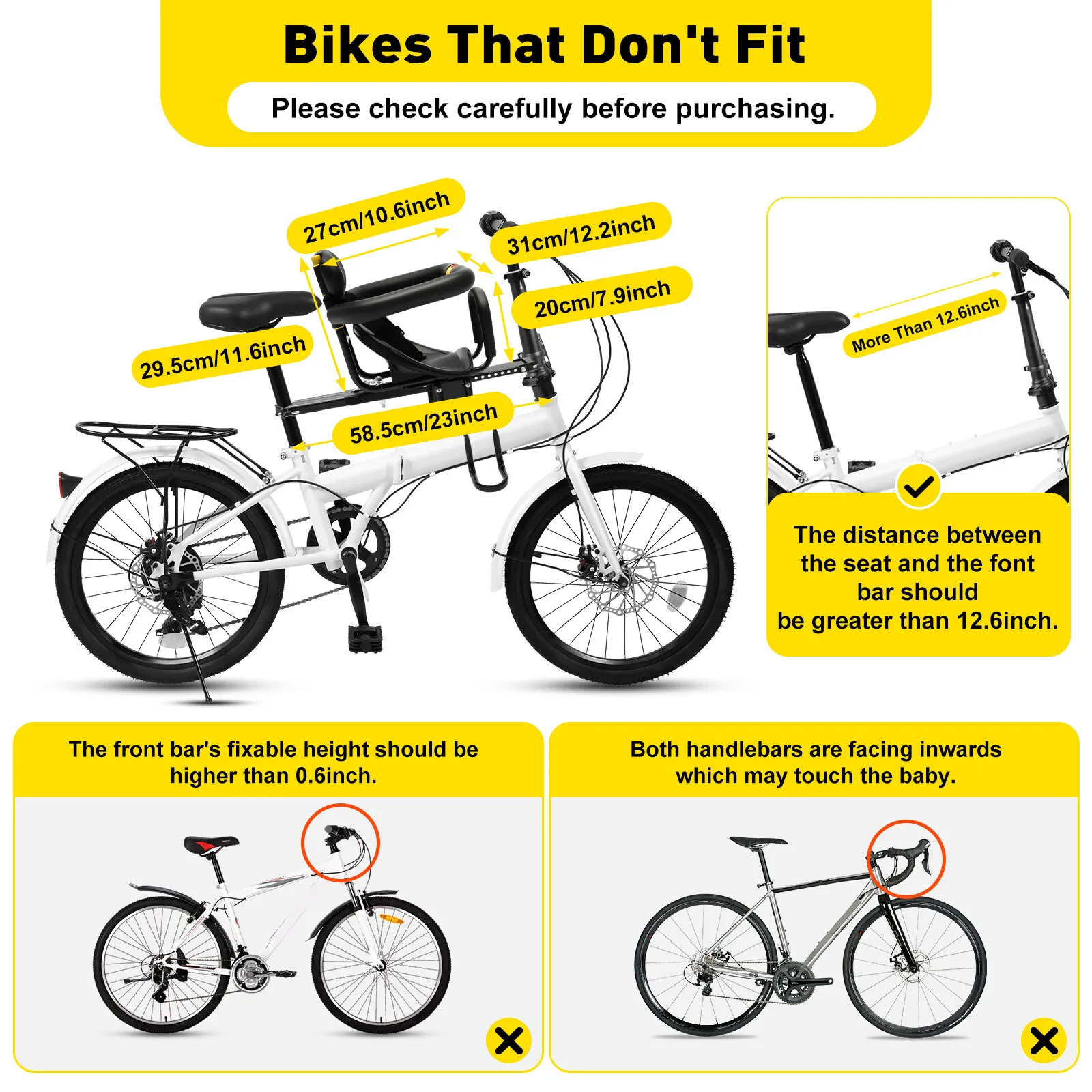 مقعد دراجة أطفال ممتاز مع حزام أمان قابل للتعديل ووسادة على شكل حرف U مثالية لركوب الوالدين والطفل