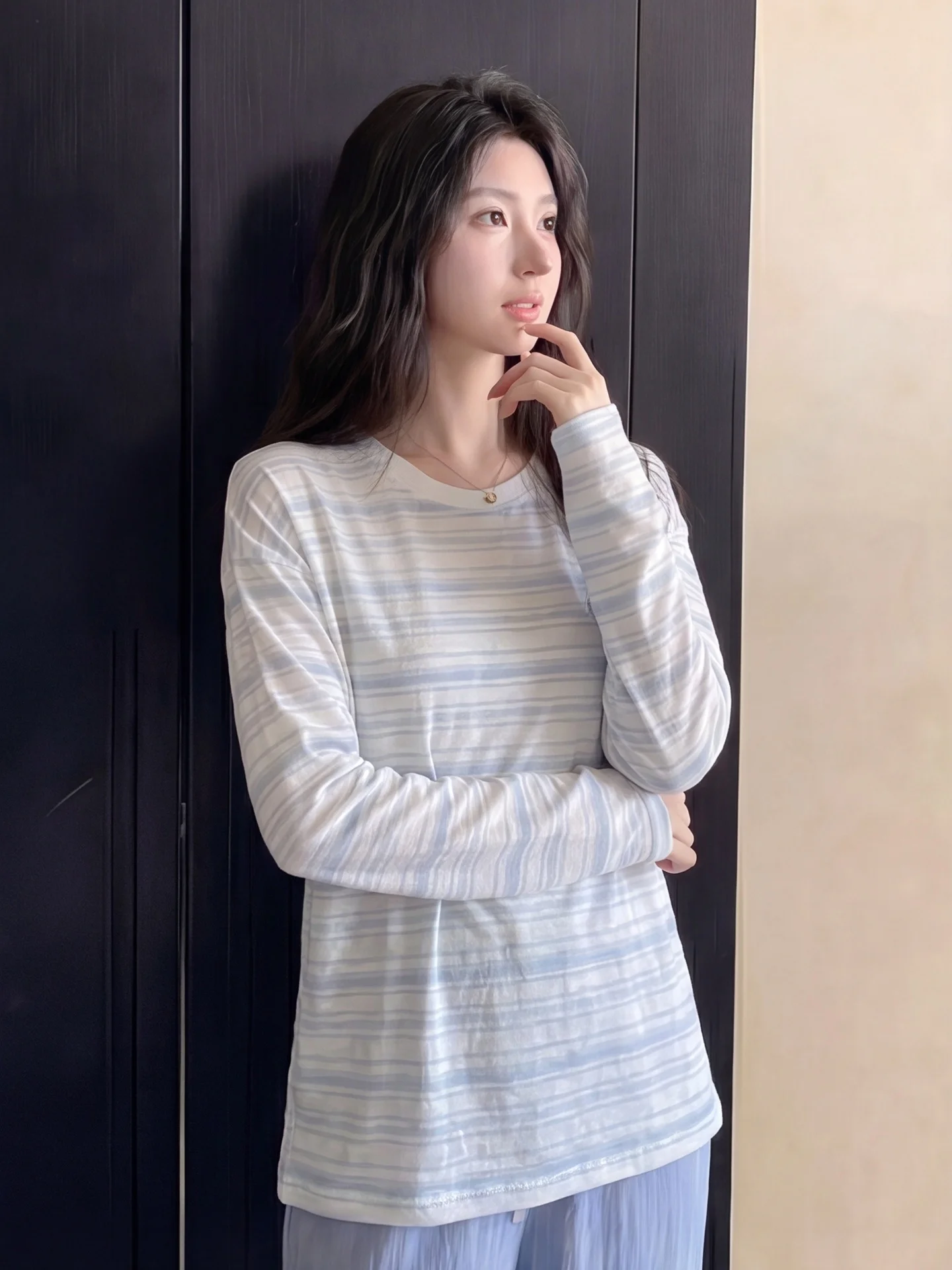 

Blue White Striped Women's Long Sleeve T-Shirt Summer New Korean Style Thin Cover round Neck Breathable Standard Fit Daily Wear