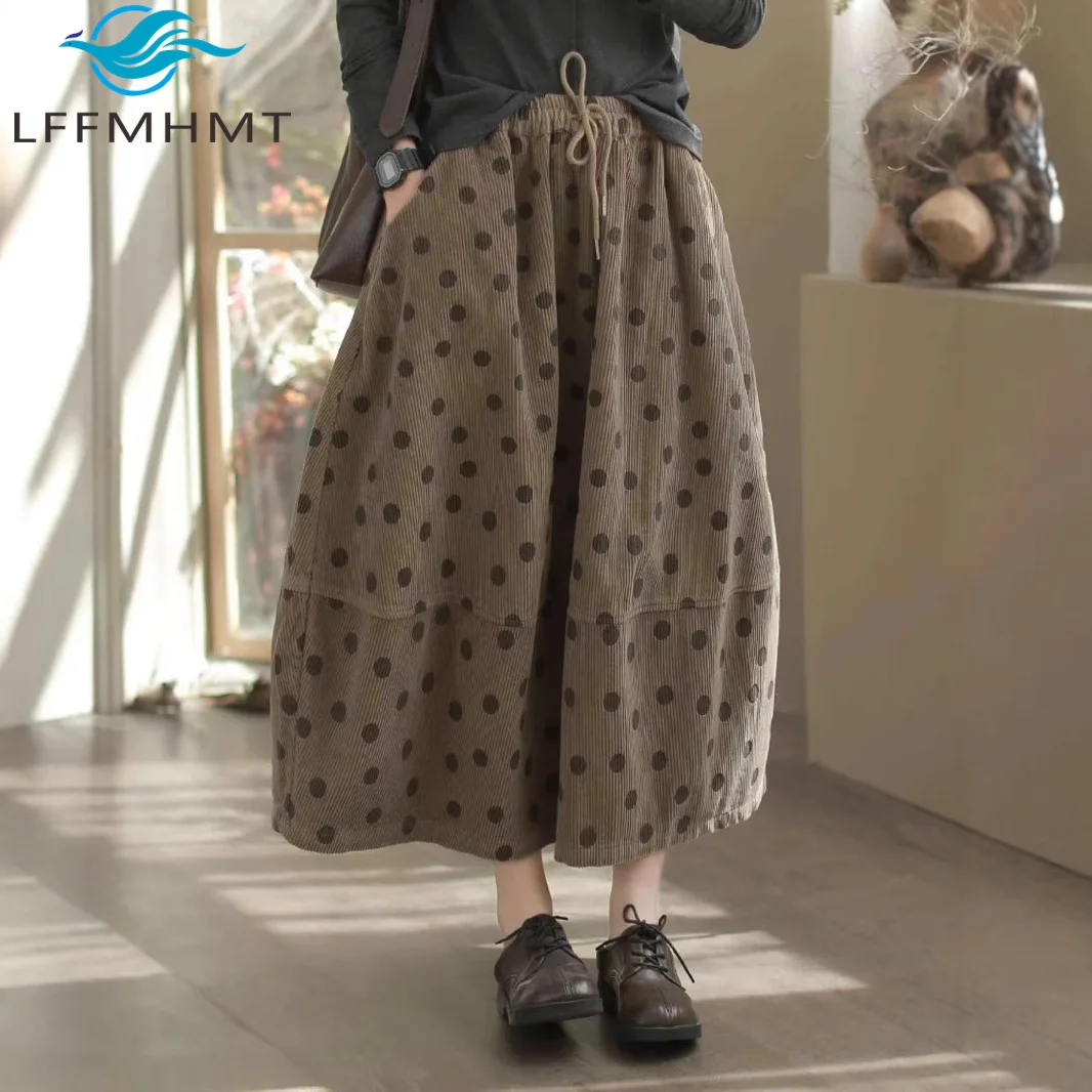 Good Quality Winter Autumn Vintage Polka Dot Printing Elastic Waist Corduroy Mid-long Dress Female Fashion Retro Patchwork Skirt