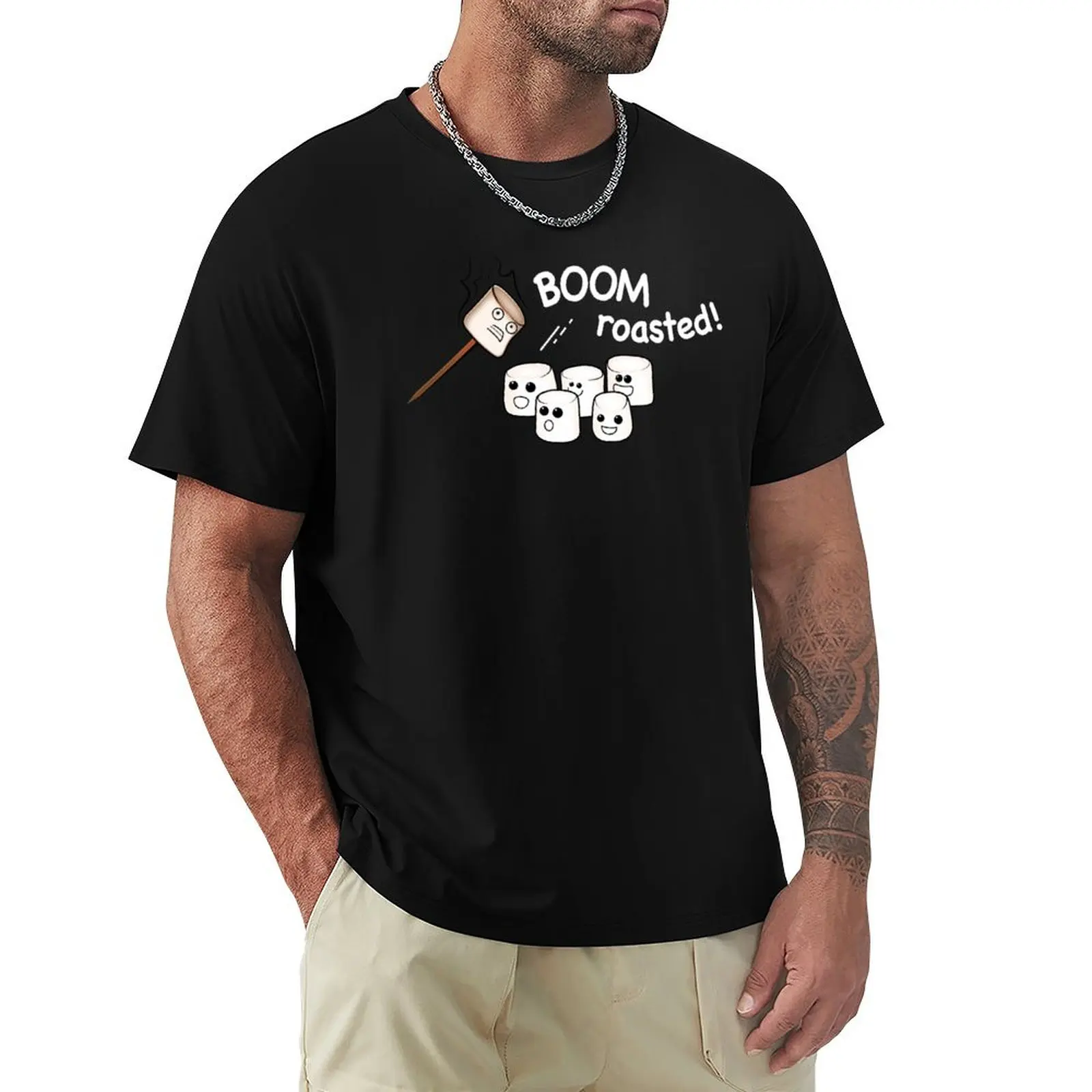 Boom! Roasted! Cute Marshmallows - white text T-Shirt Casual Simple Design Short Sleeve Shirt