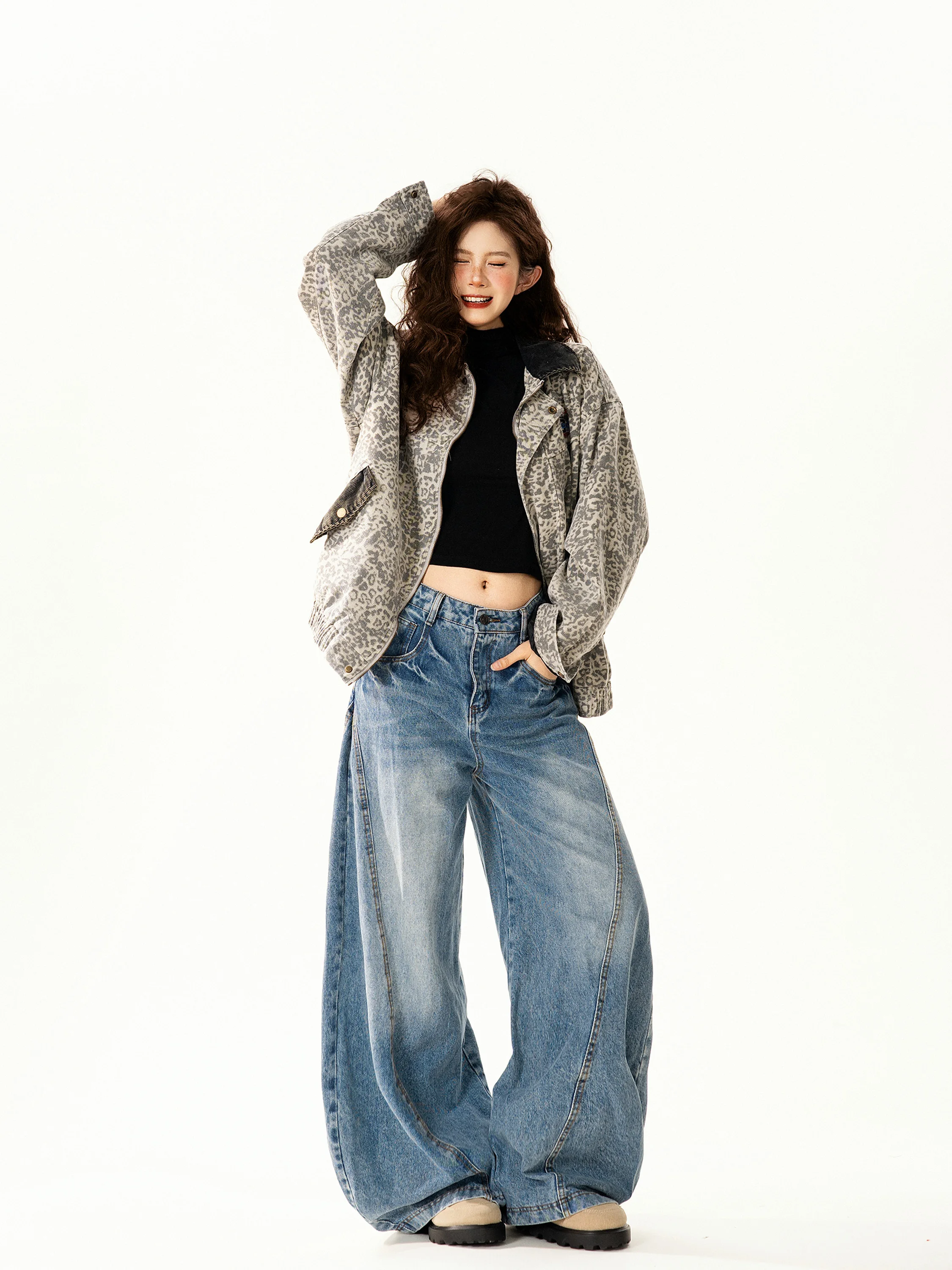 

Женская свободная повседневная универсальная куртка с вышивкой в стиле ретро-американский лейтер, леопардовым принтом и отложным воротником, модная уличная одежда для весны