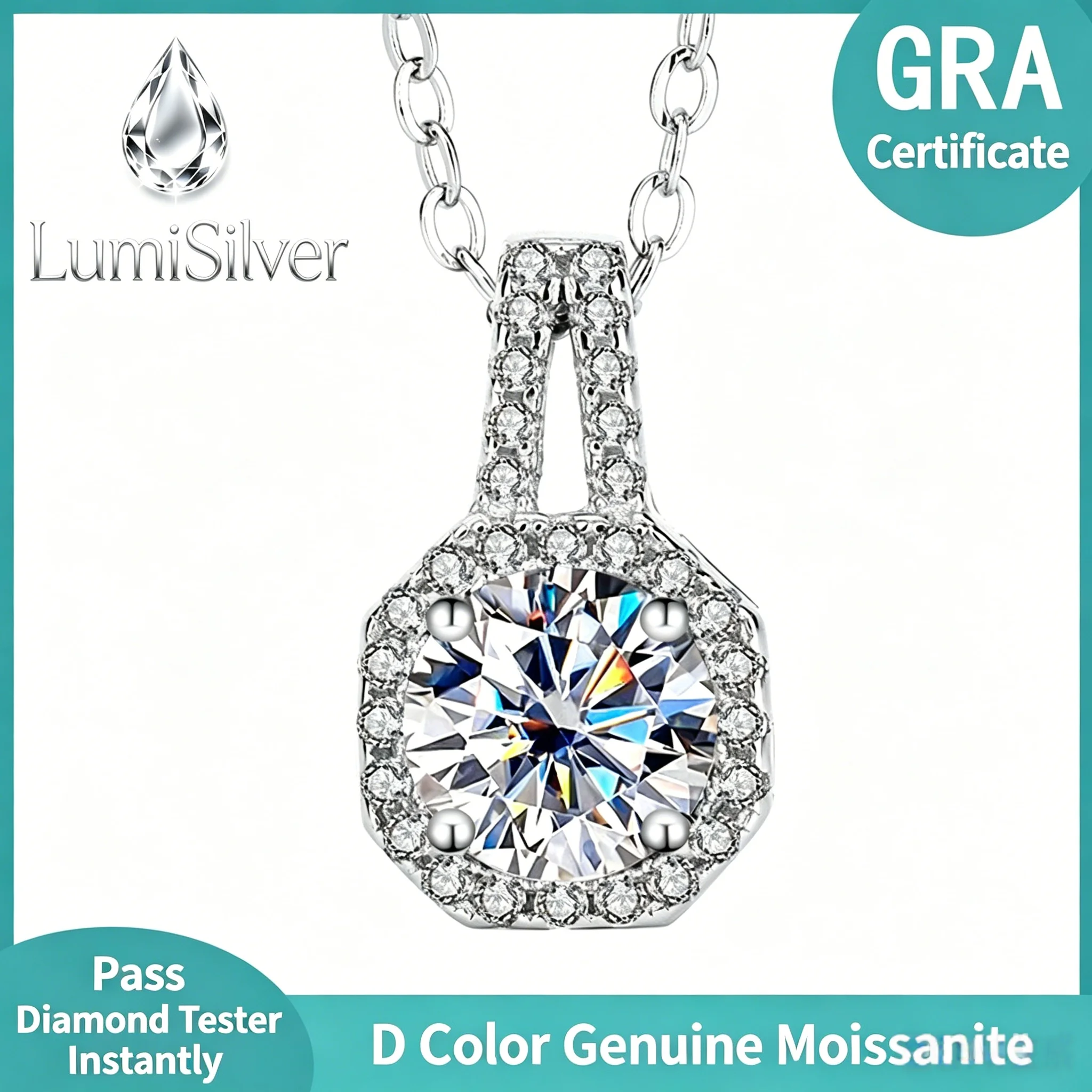 S925 Sterling Silver 1 Carat Moissanite Pendant Necklace, T‑Style Square Diamond Jewelry, Korean Light Luxury Silver Pendant for