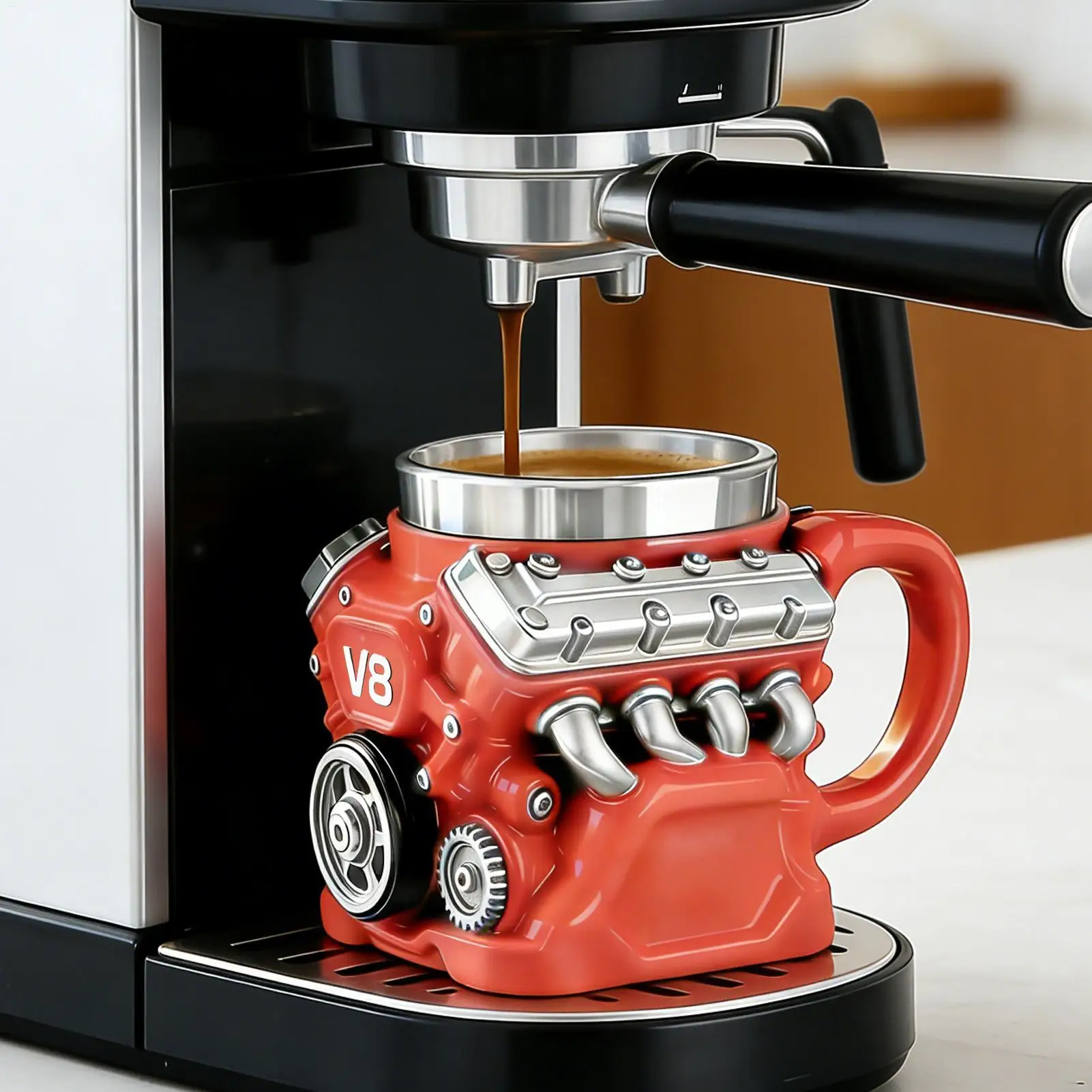 Edelstahl-Motor-Reisebecher für Kaffee, Mechanischer Kaffeebecher, Vintage-Motor-Kaffeebecher für Männer und Auto-Enthusiasten