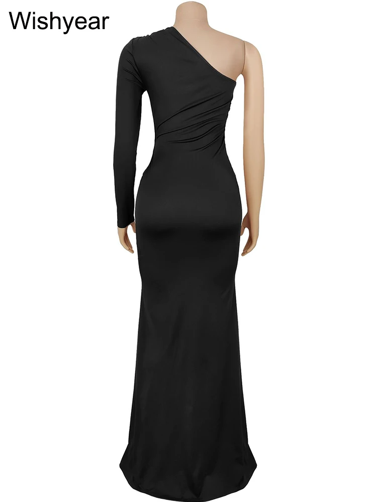 Wishyear feminino elegante vestido maxi longo de um ombro manga preta recorte fino ajuste festa de aniversário natal robe detalhe de metal