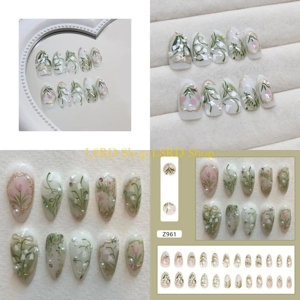 L8RD Flower Press On 24Pcs False with 3D Rhinestones and Pearls Almond on for Unique