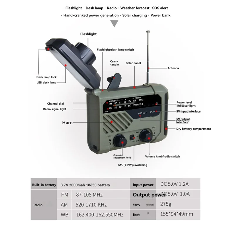 

A32T-Multi-Function Solar Emergency Radio With AM/FM Bands Large Flashlight Hand-Crank Generator Portable Cell Phone Charger