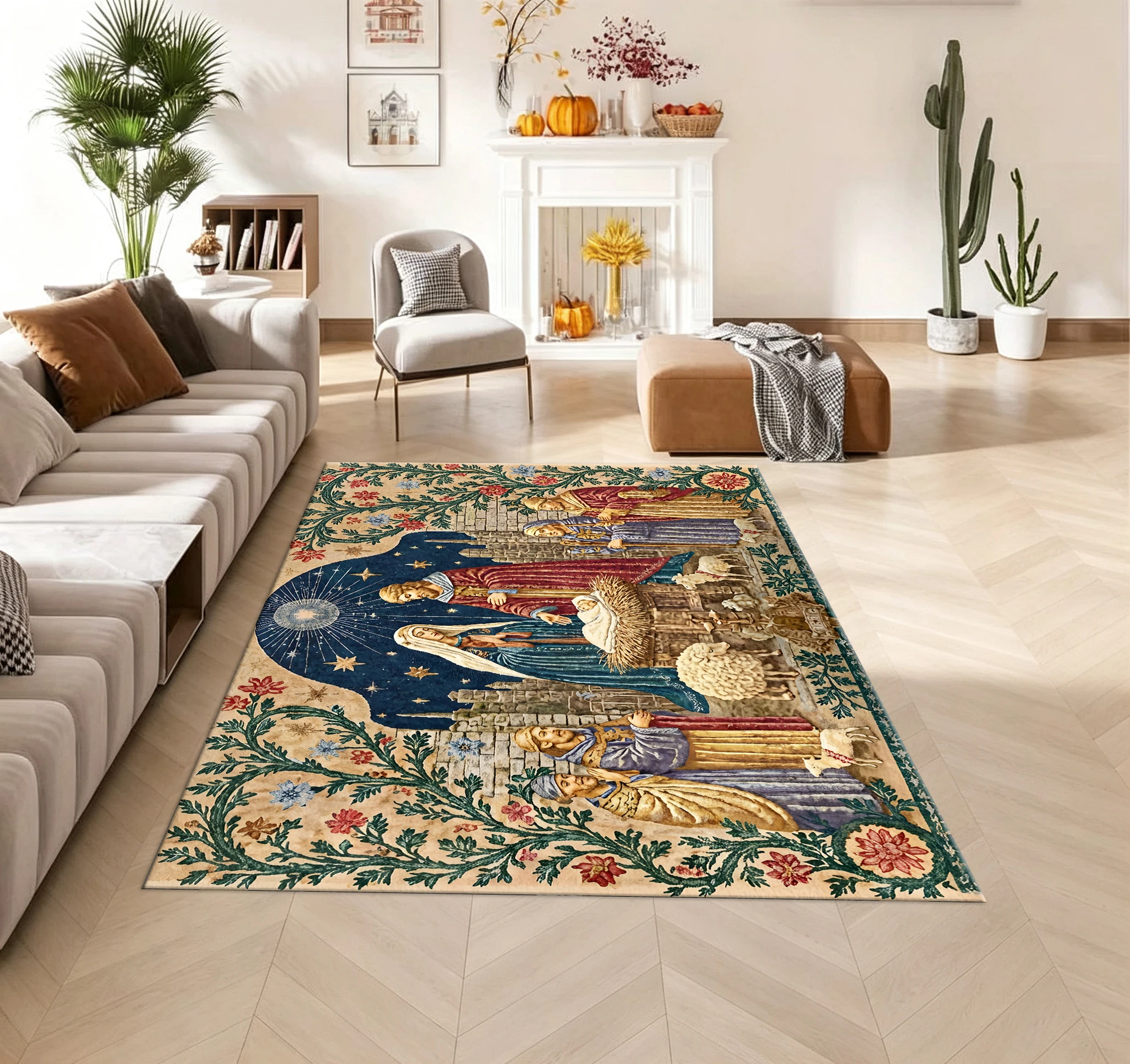 Christmas Scene Carpet Holy Family Lamb Pattern Lace Rug Holiday Carpet