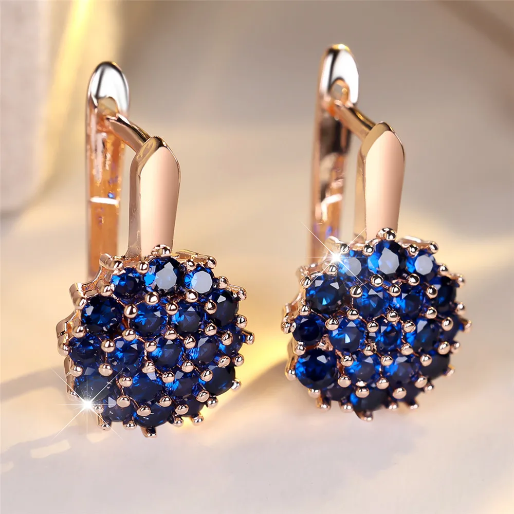 Cute Sunflower Blue Crystal Round Zircon Hoop Earrings For Women Rose Gold Silver Color Wedding Flower Jewelry Engagement Gift