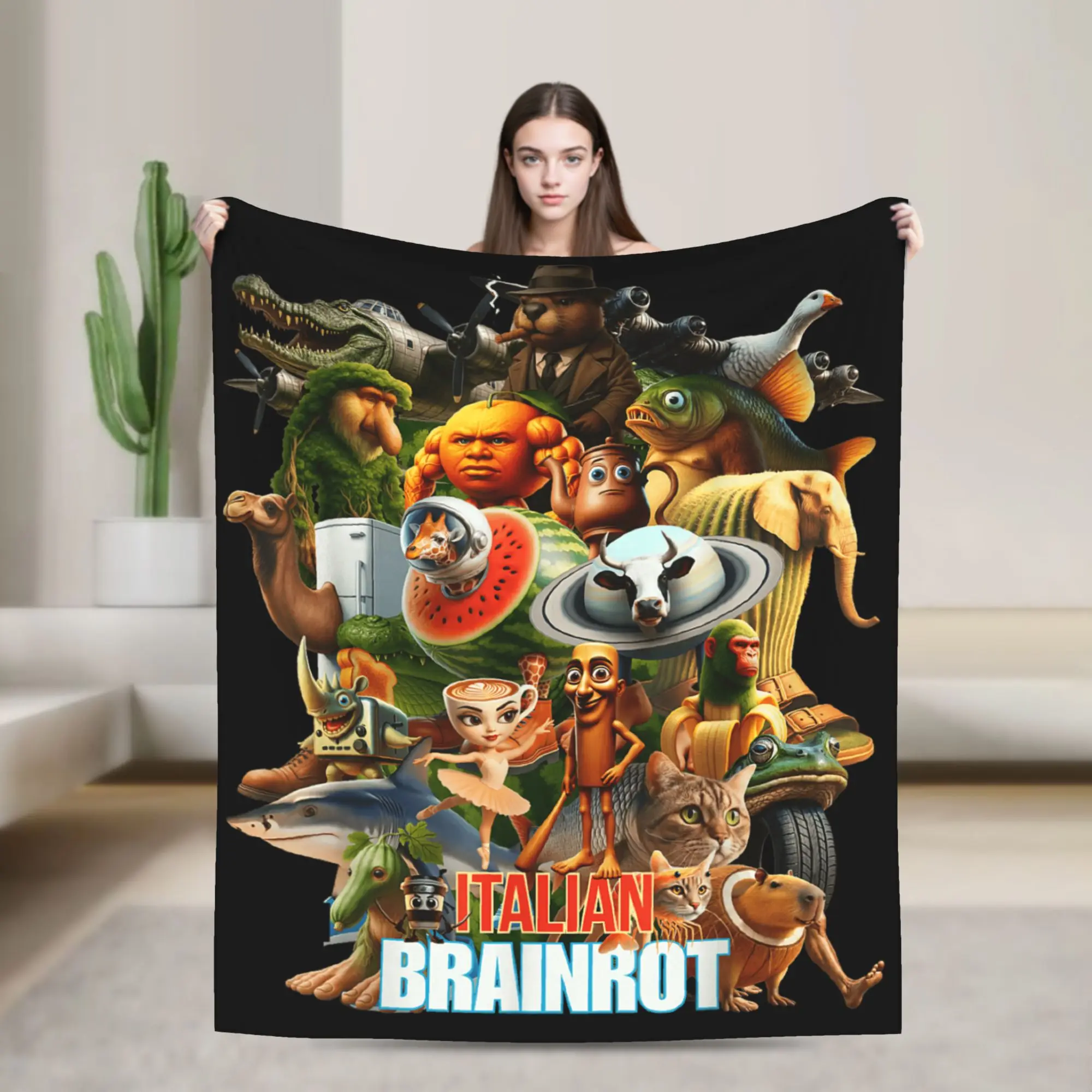 Super Warm Blanket Italian Brainrot Viral Meme Collage Bedding Throws Flannel Bedspread For Couch Chair Bed Fluffy Bed Cover