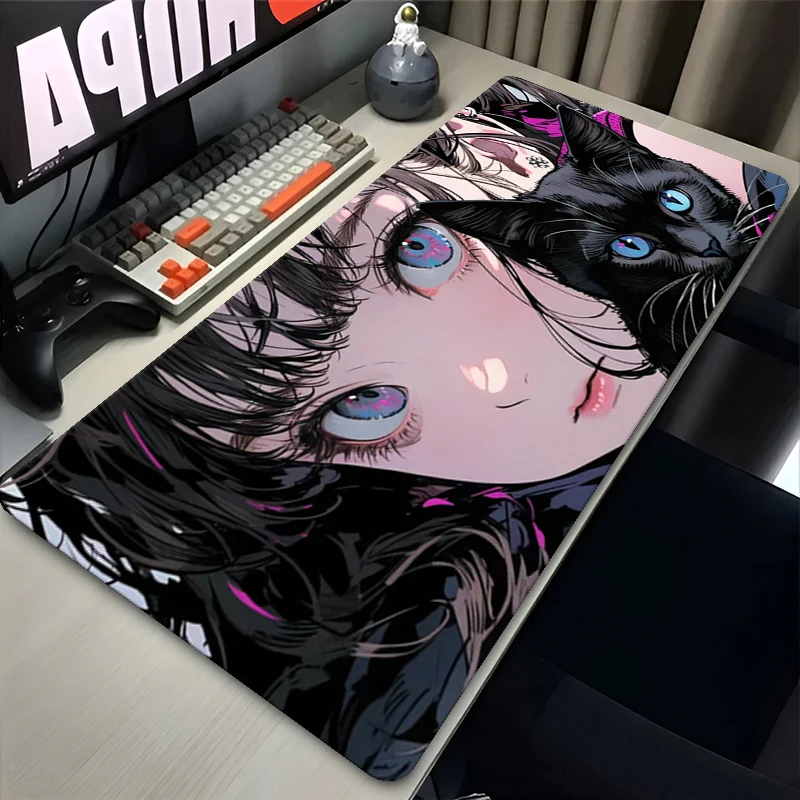 Anime Girl And Cat Mousepads Gaming Mousepads Non-Slip Rubber Mouse Computer Desk Mat Office Tables Mouse Mats Cute Mousepads
