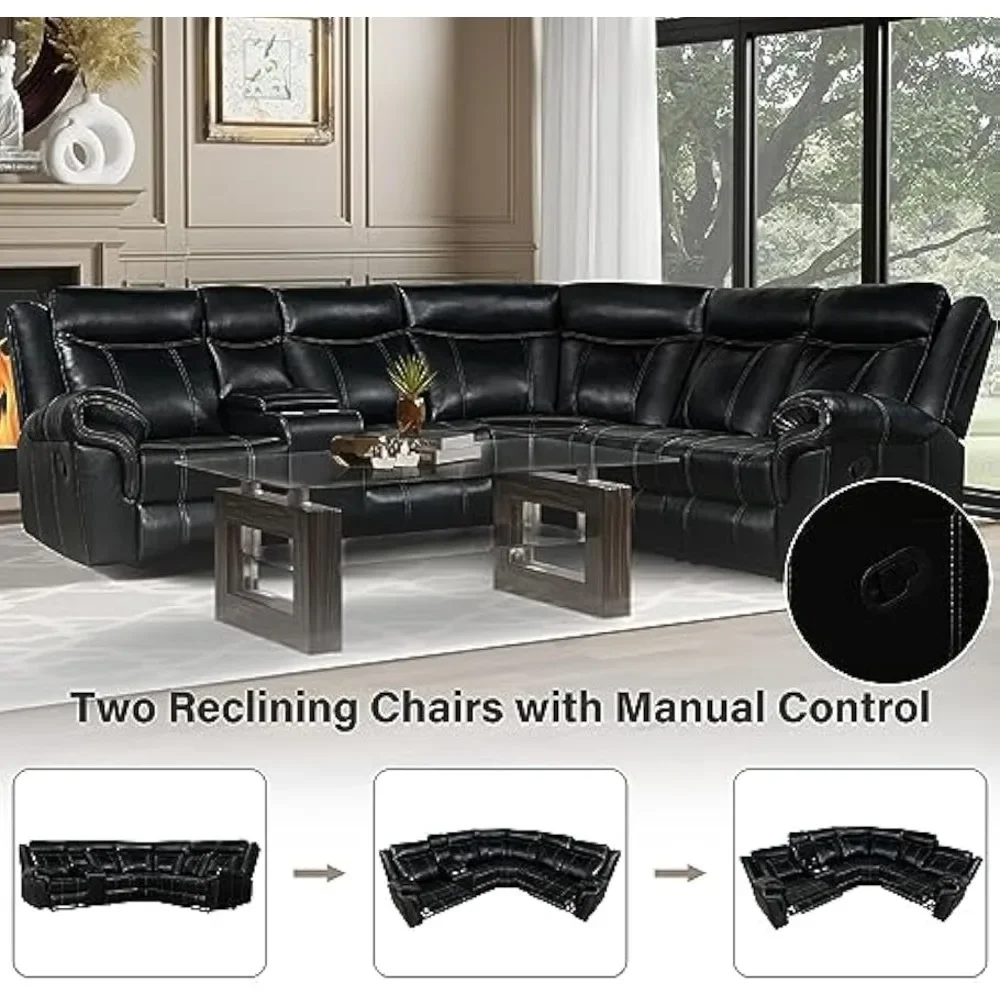 reclinerPremium Manual Recliner Sectional Sofa Set for Living Room, Home Theater, with Cup Holder, Hide-Away Storage,2 USB Ports