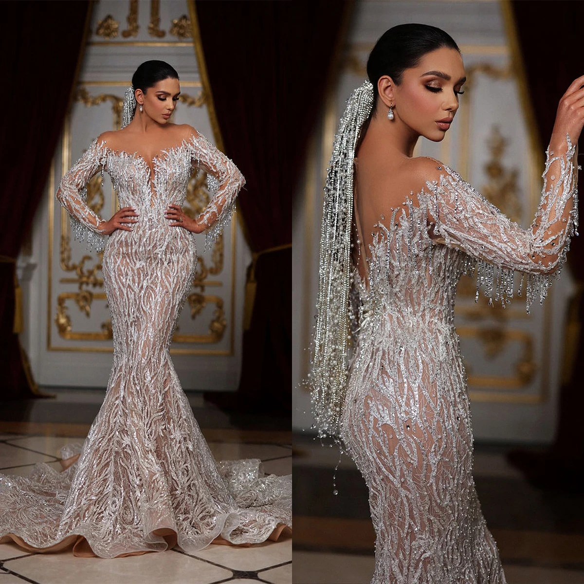 Sexy Evening Dresses Long Sleeves V Neck Sequins Lace Appliques 3D Lace Tassel Diamonds Beads Hollow Plus Size Prom Dresses